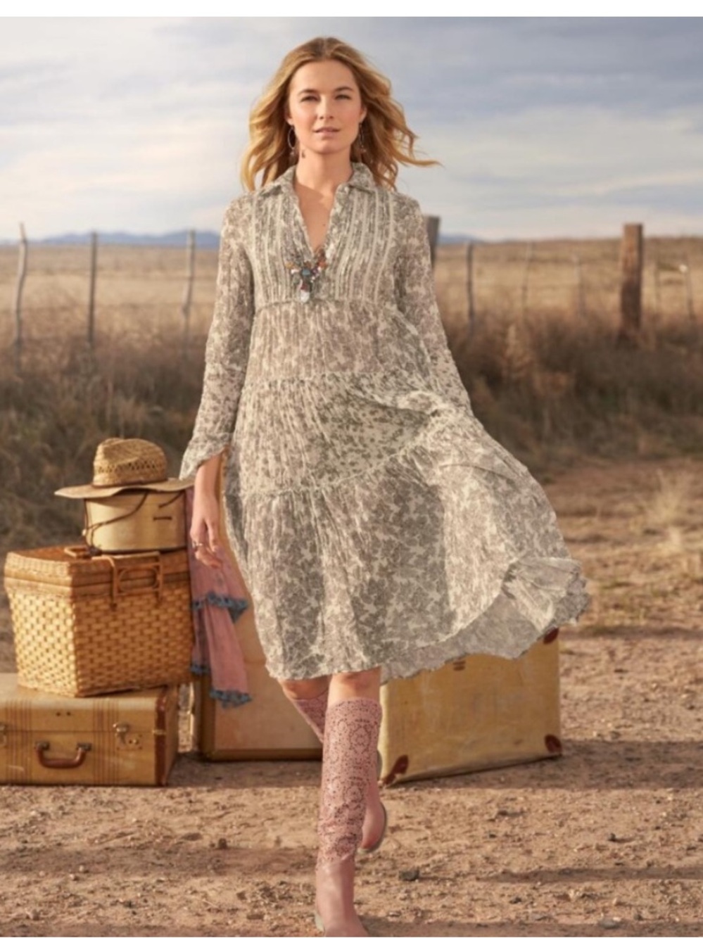 Sundance Cream and Light Gray 100% Cotton Floral Midi Dress
